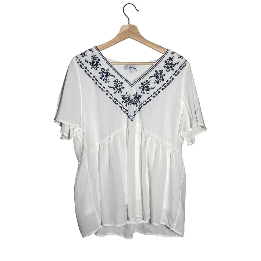 Polagram White Embroidered V‎ Neck Peasant Blouse Top Womens Medium